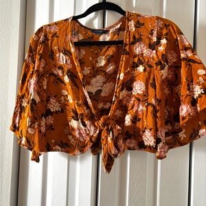 American Eagle Outfitters Floral Tie-Front Blouse - Orange and Pink